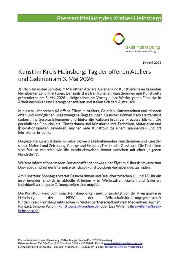 Kunst im Kreis Heinsberg: Tag der offenen Ateliers und Galerien am 3. Mai 2026